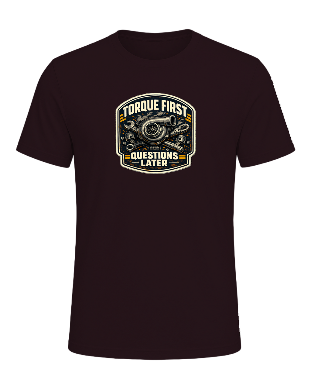 Torque First Questions Later Tee — Oxblood Black