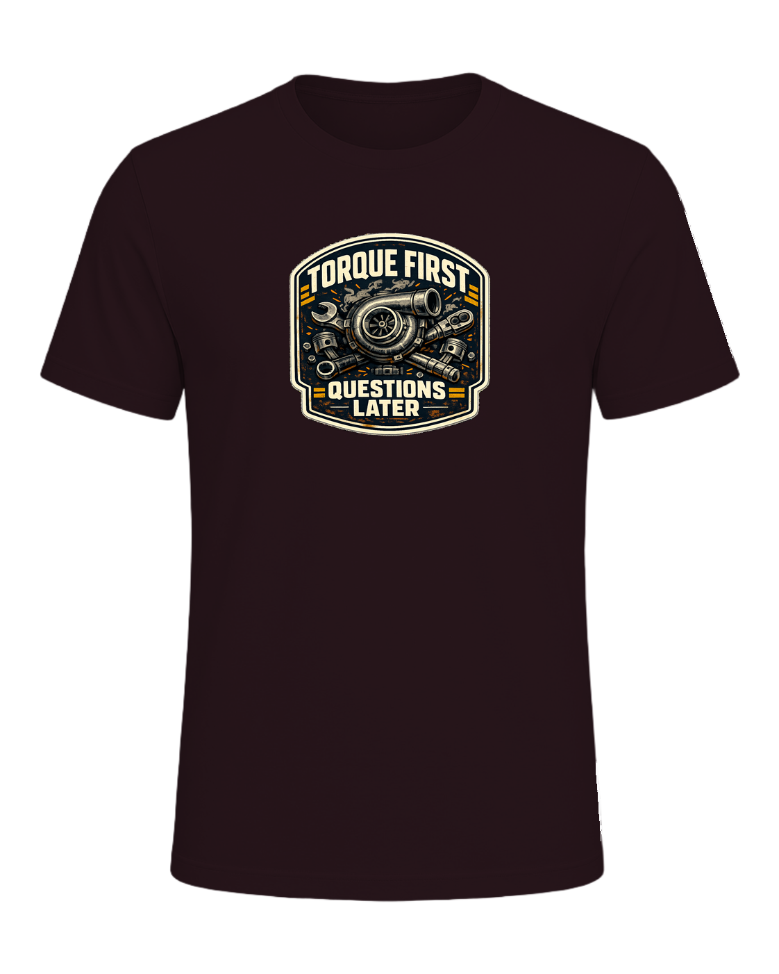 Torque First Questions Later Tee — Oxblood Black