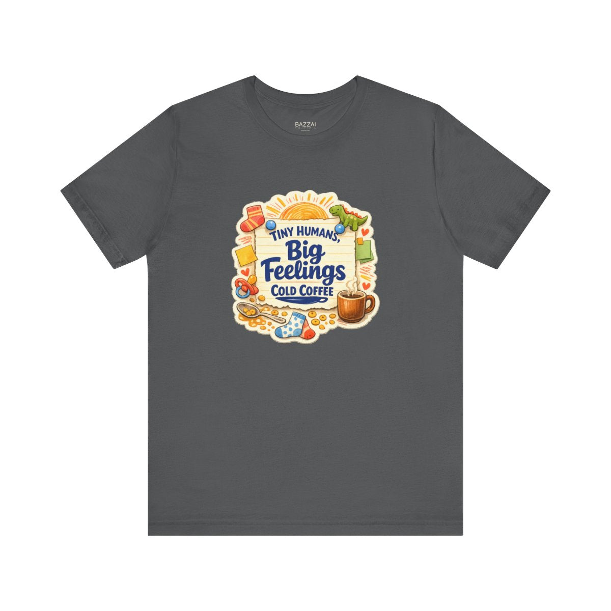 Funny Mom T-Shirt — Tiny Humans, Big Feelings, Cold Coffee — mom chaos t-shirt design by June