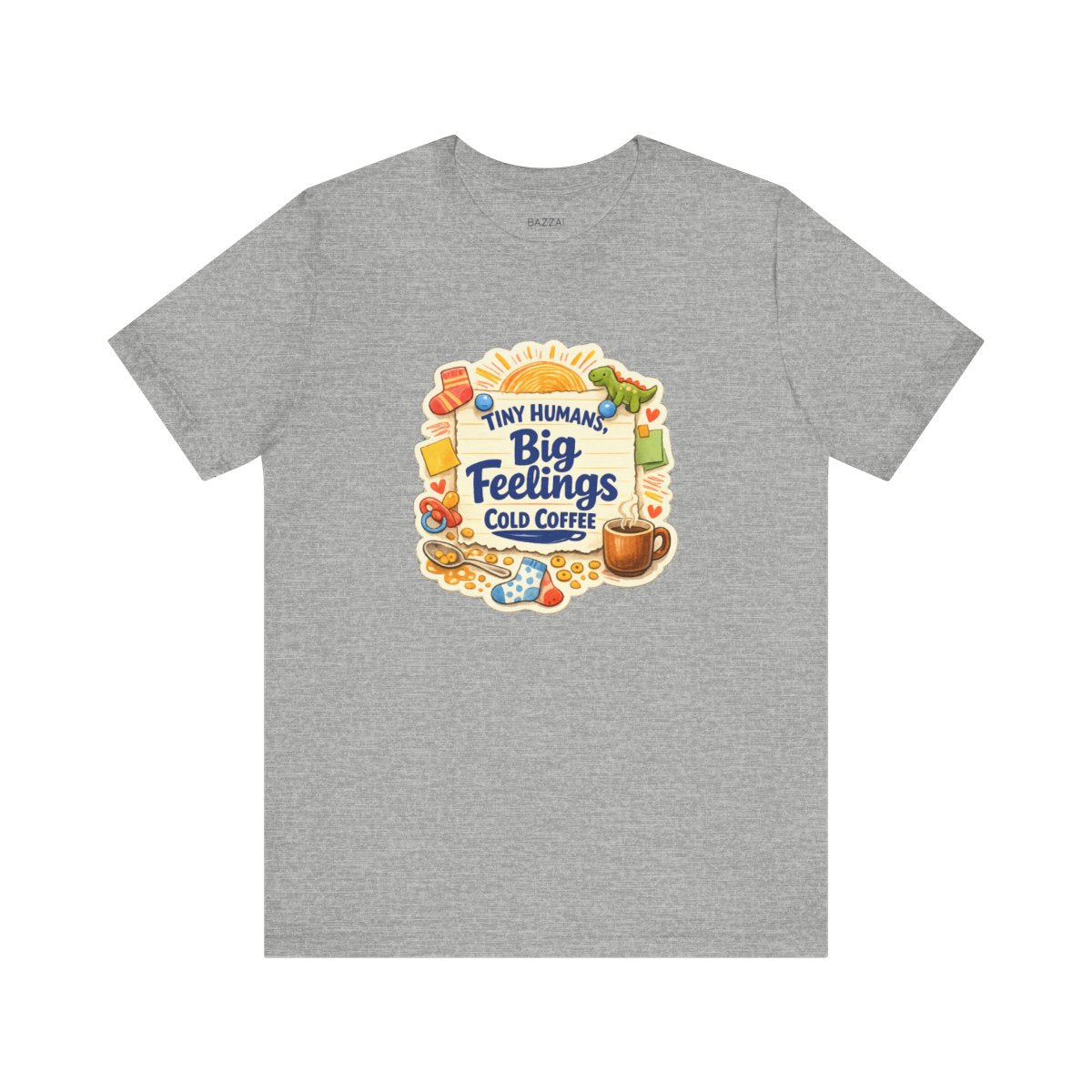 Funny Mom T-Shirt — Tiny Humans, Big Feelings, Cold Coffee — mom chaos t-shirt design by June