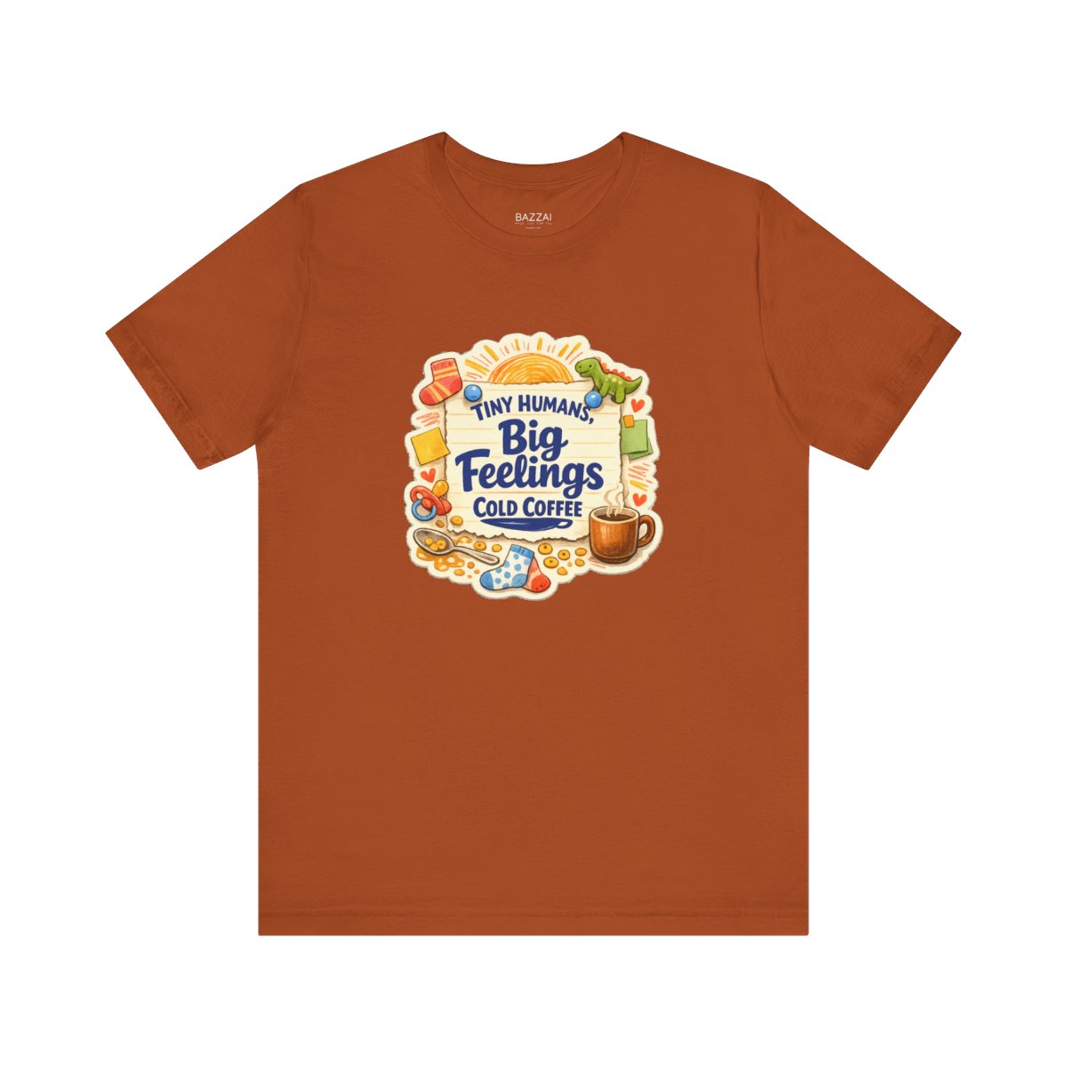 Funny Mom T-Shirt — Tiny Humans, Big Feelings, Cold Coffee — mom chaos t-shirt design by June
