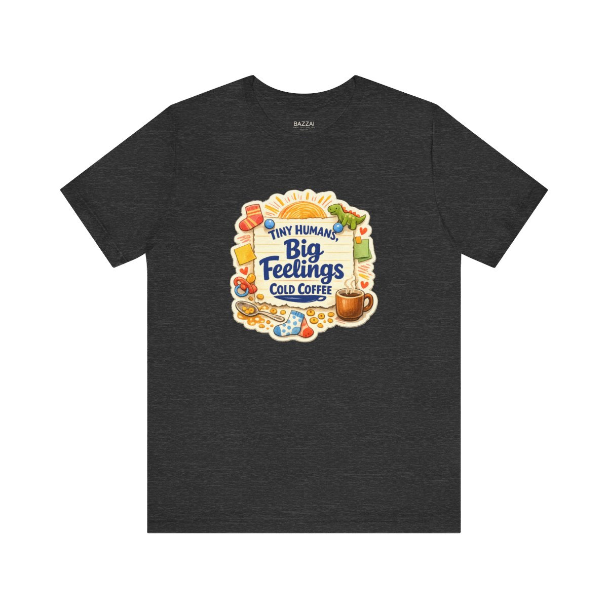 Funny Mom T-Shirt — Tiny Humans, Big Feelings, Cold Coffee — mom chaos t-shirt design by June