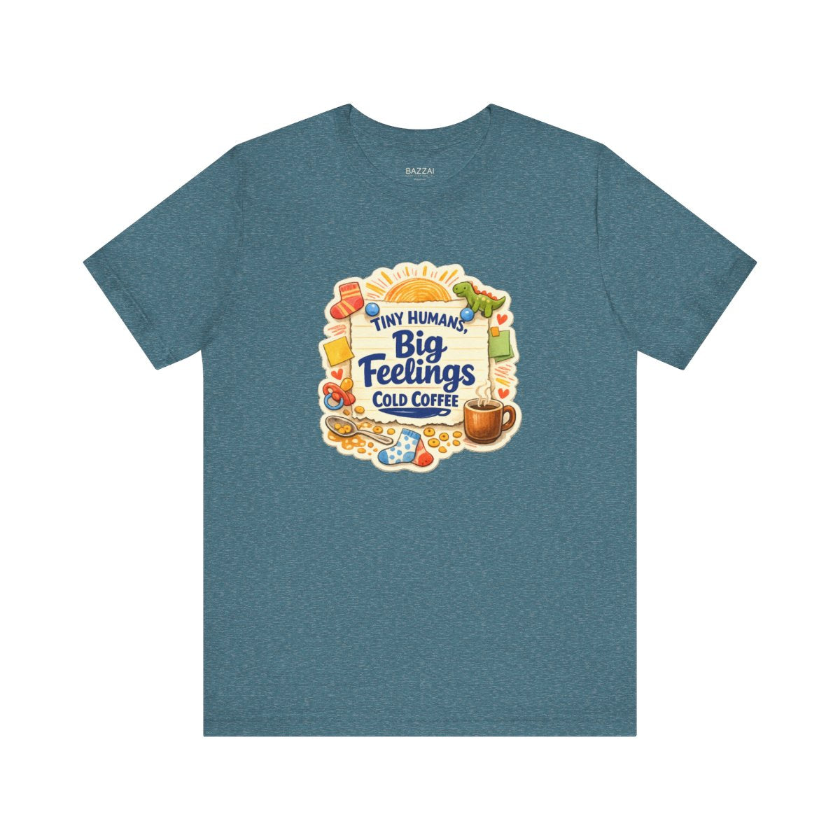 Funny Mom T-Shirt — Tiny Humans, Big Feelings, Cold Coffee — mom chaos t-shirt design by June