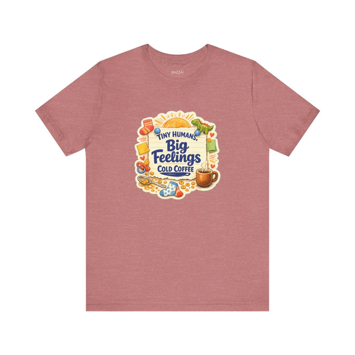 Funny Mom T-Shirt — Tiny Humans, Big Feelings, Cold Coffee — mom chaos t-shirt design by June