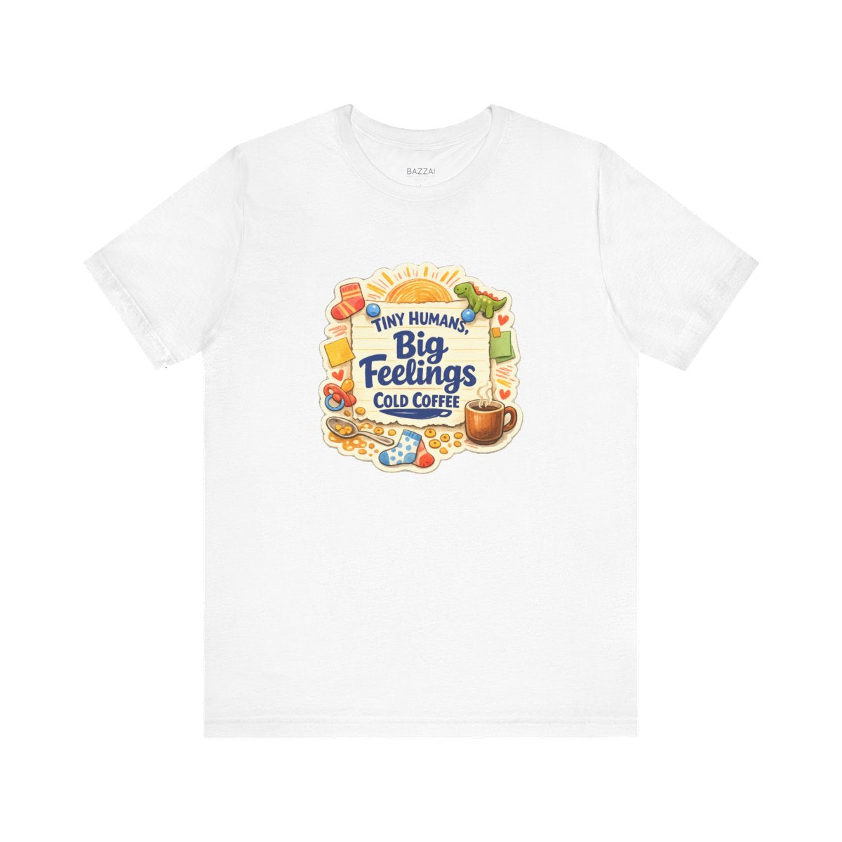 Funny Mom T-Shirt — Tiny Humans, Big Feelings, Cold Coffee — mom chaos t-shirt design by June