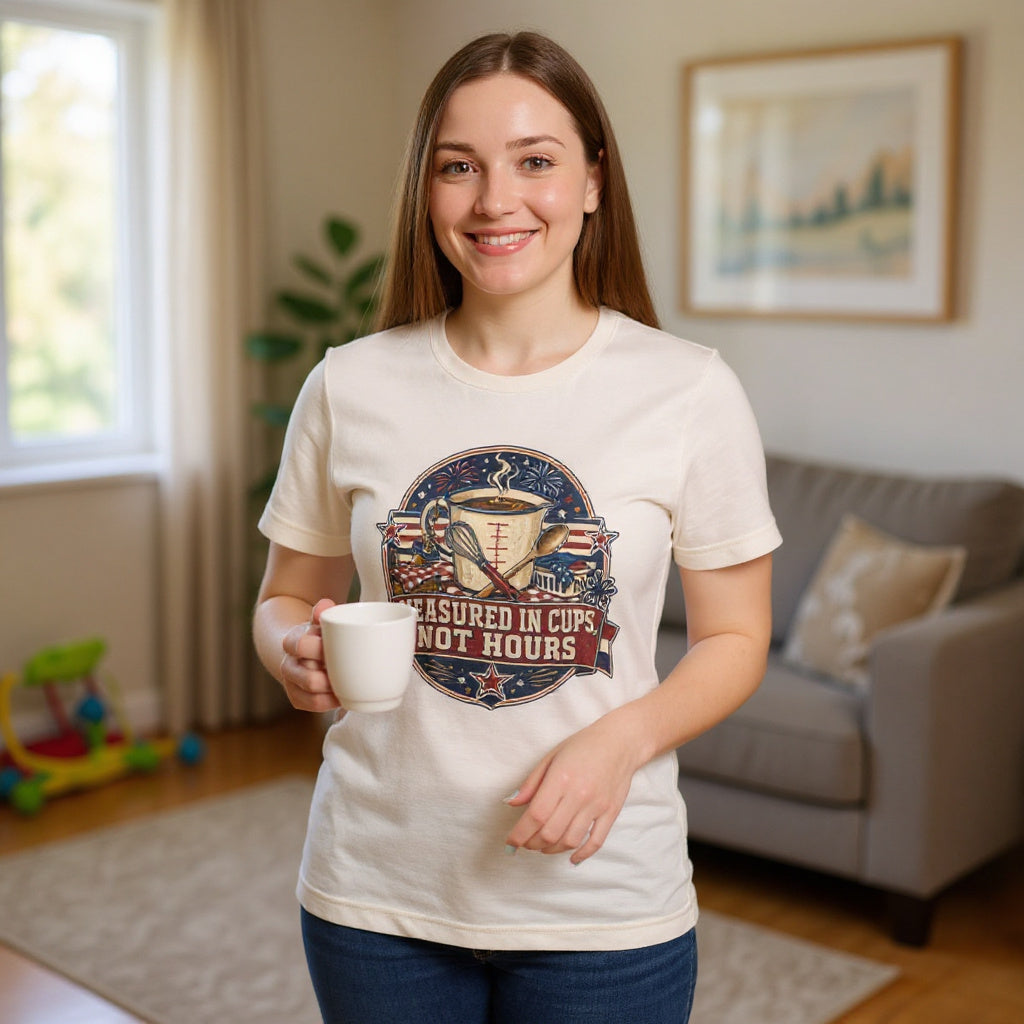 Tired Mom T-Shirt — Measured in Cups, Not Hours — mom chaos t-shirt design