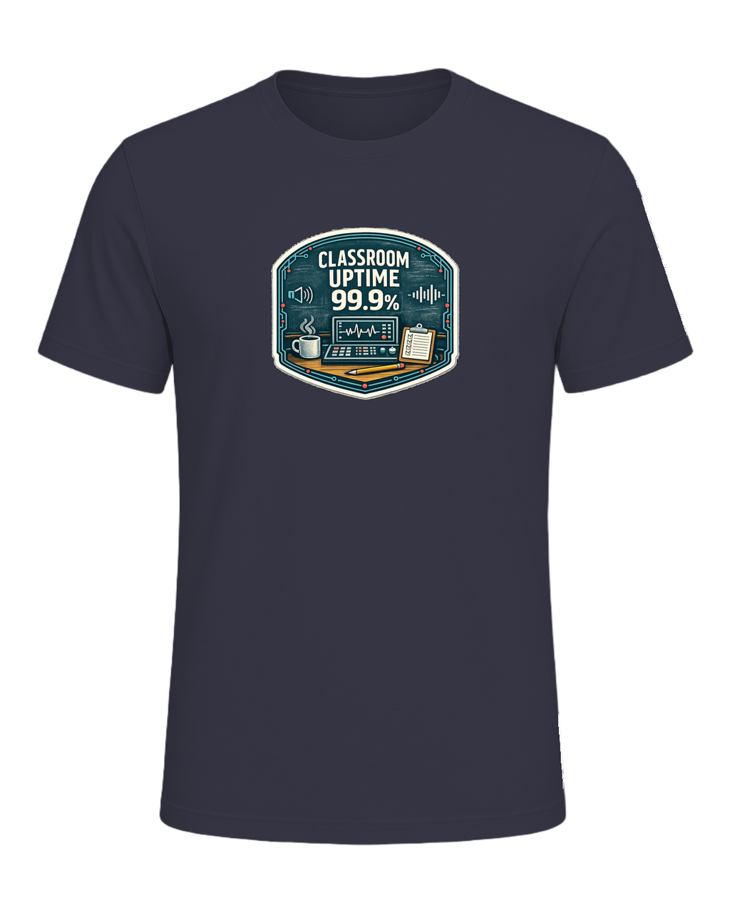 Classroom Uptime 99.9% Tee — Heather Midnight Navy