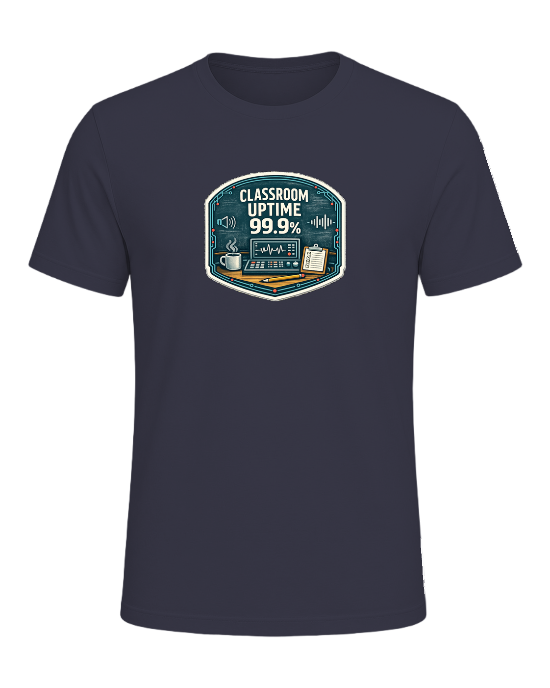 Classroom Uptime 99.9% Tee — Heather Midnight Navy