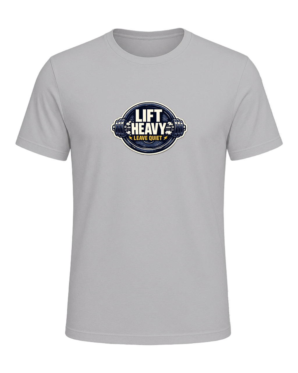 A clean barbell badge tee for lifters who train hard and keep the noise low. — Athletic Heather
