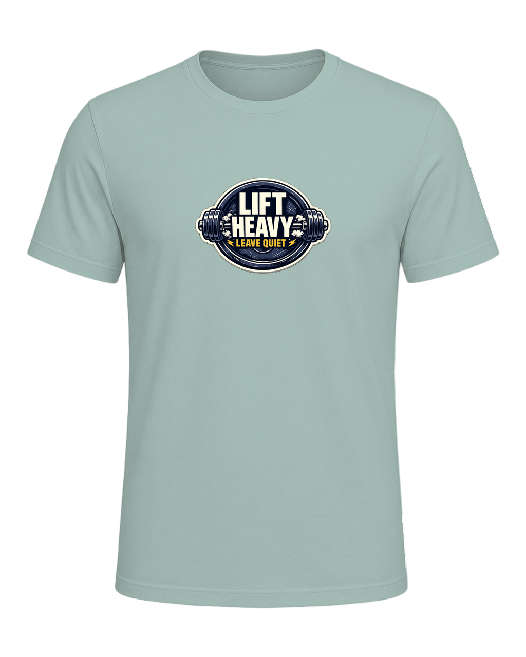 A clean barbell badge tee for lifters who train hard and keep the noise low. — Dusty Blue