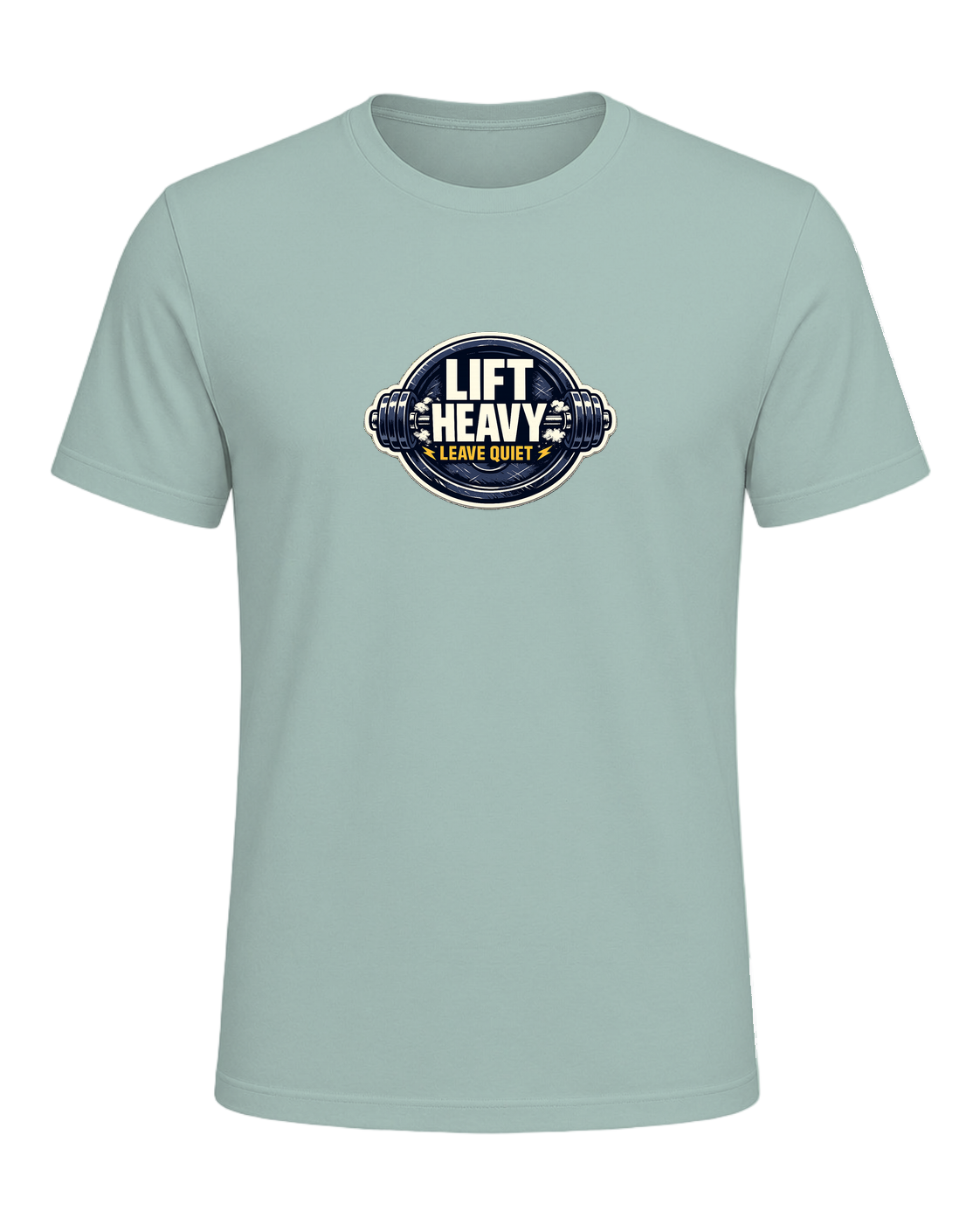 A clean barbell badge tee for lifters who train hard and keep the noise low. — Dusty Blue