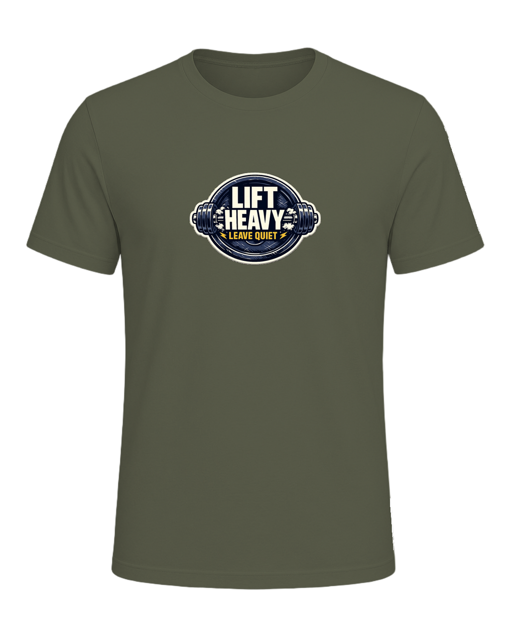 A clean barbell badge tee for lifters who train hard and keep the noise low. — Heather Military Green