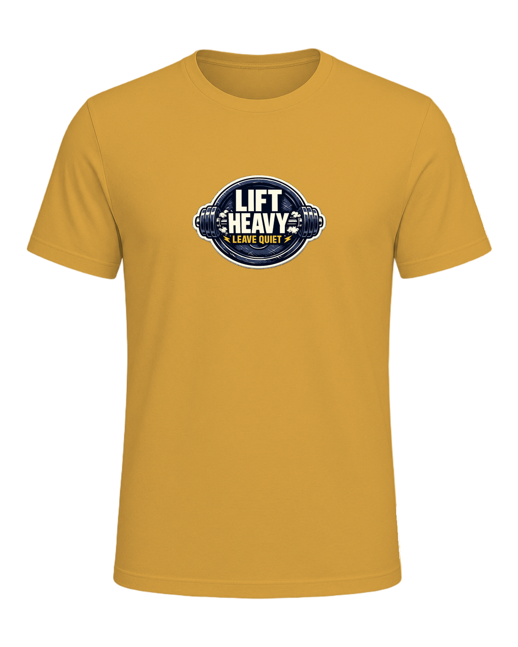A clean barbell badge tee for lifters who train hard and keep the noise low. — Heather Mustard