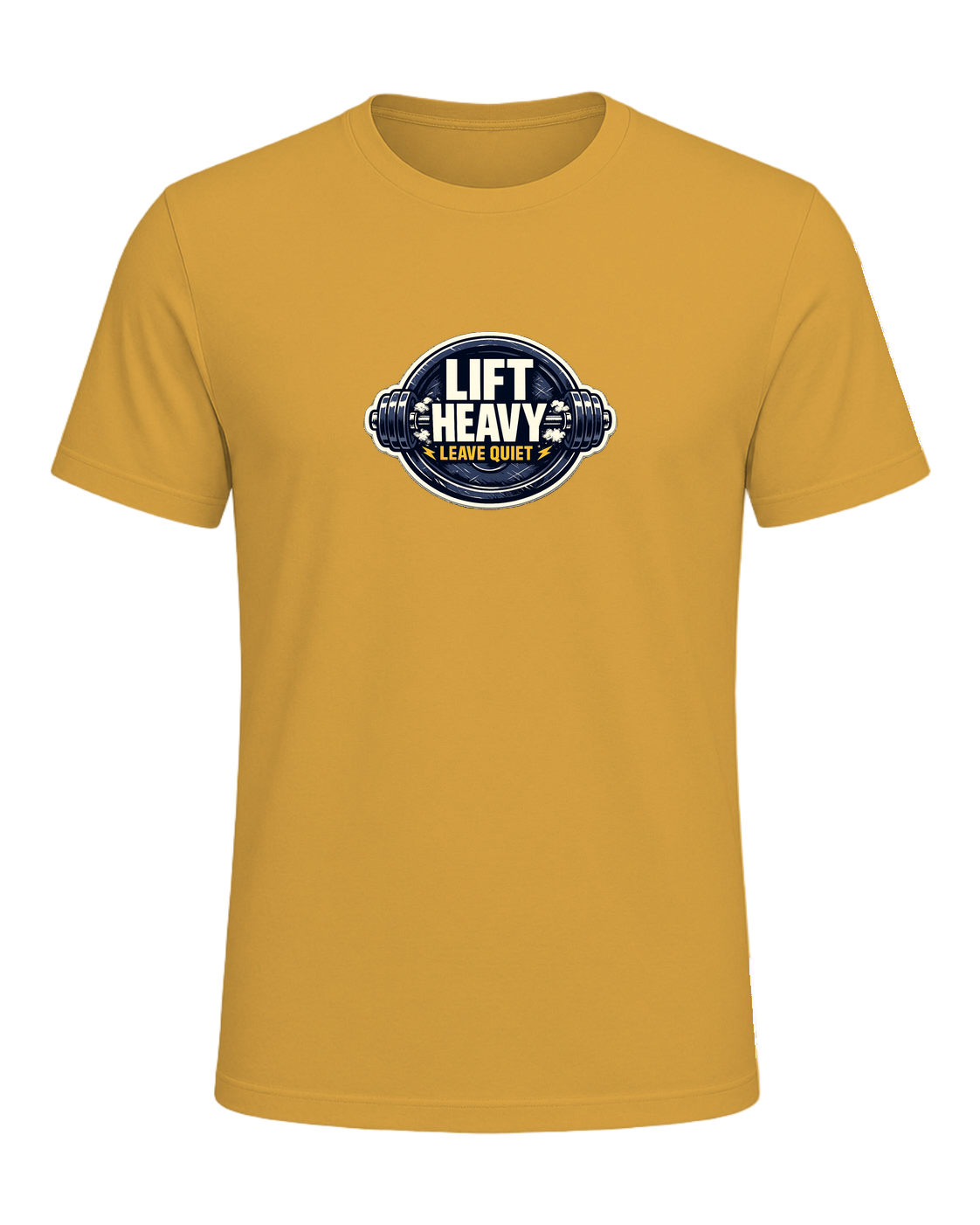 A clean barbell badge tee for lifters who train hard and keep the noise low. — Heather Mustard