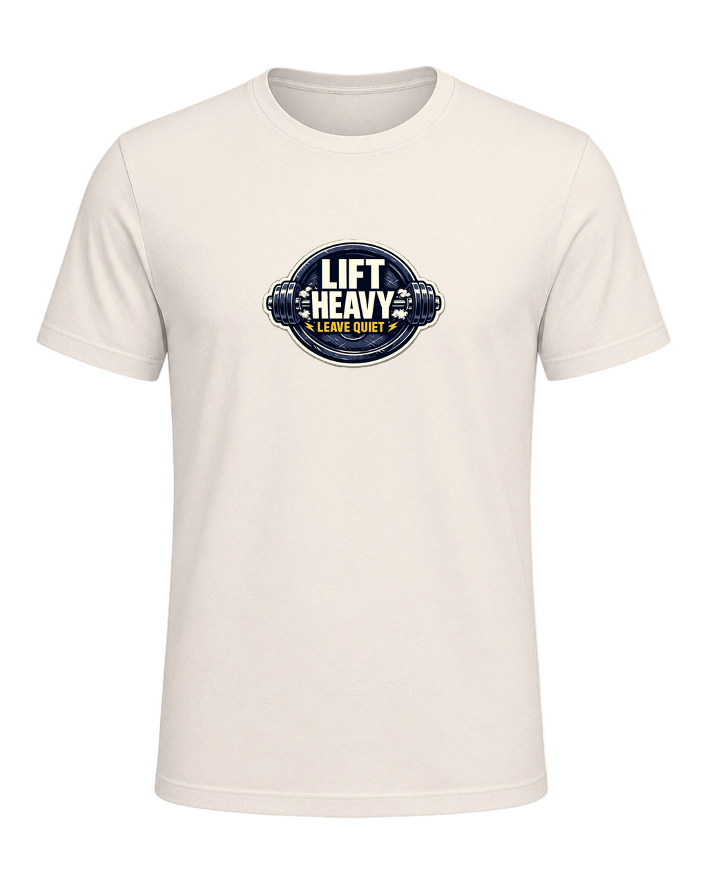 A clean barbell badge tee for lifters who train hard and keep the noise low. — Natural