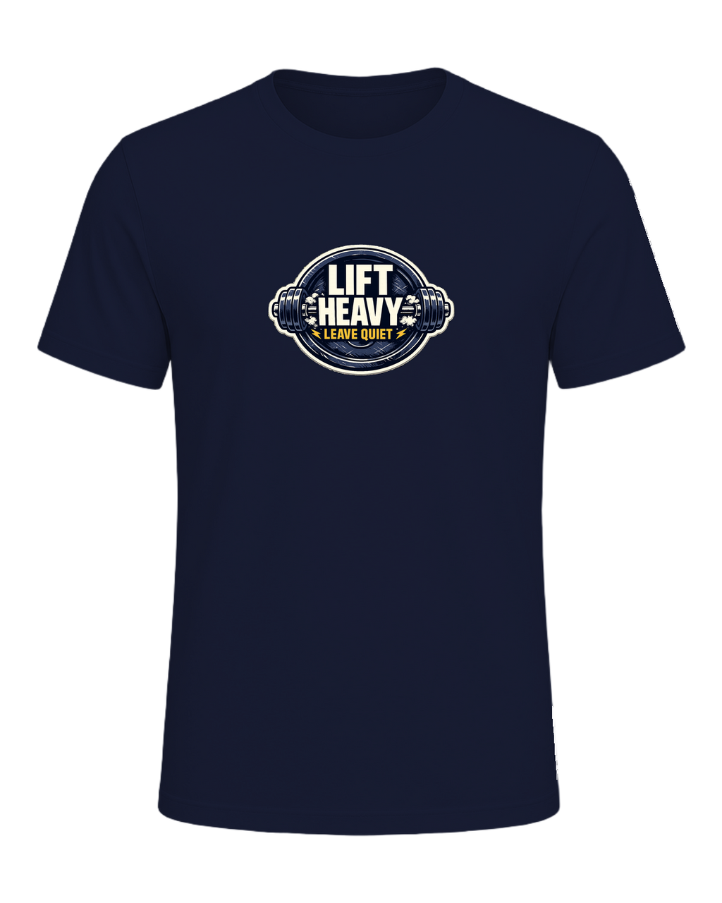 A clean barbell badge tee for lifters who train hard and keep the noise low. — Navy