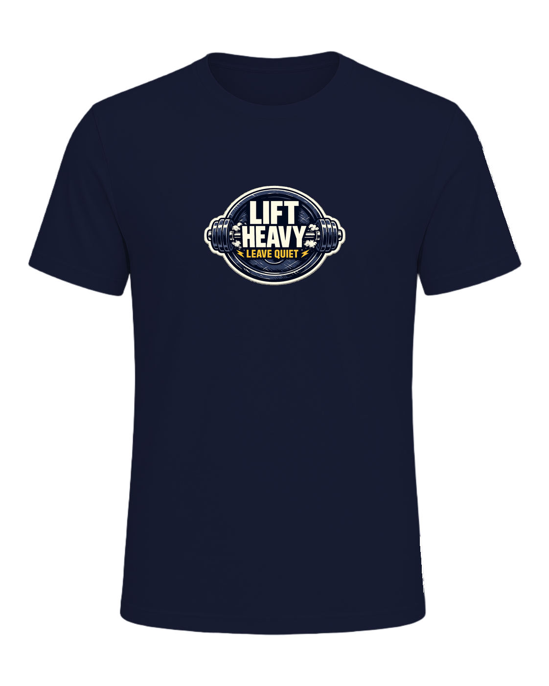 A clean barbell badge tee for lifters who train hard and keep the noise low. — Navy