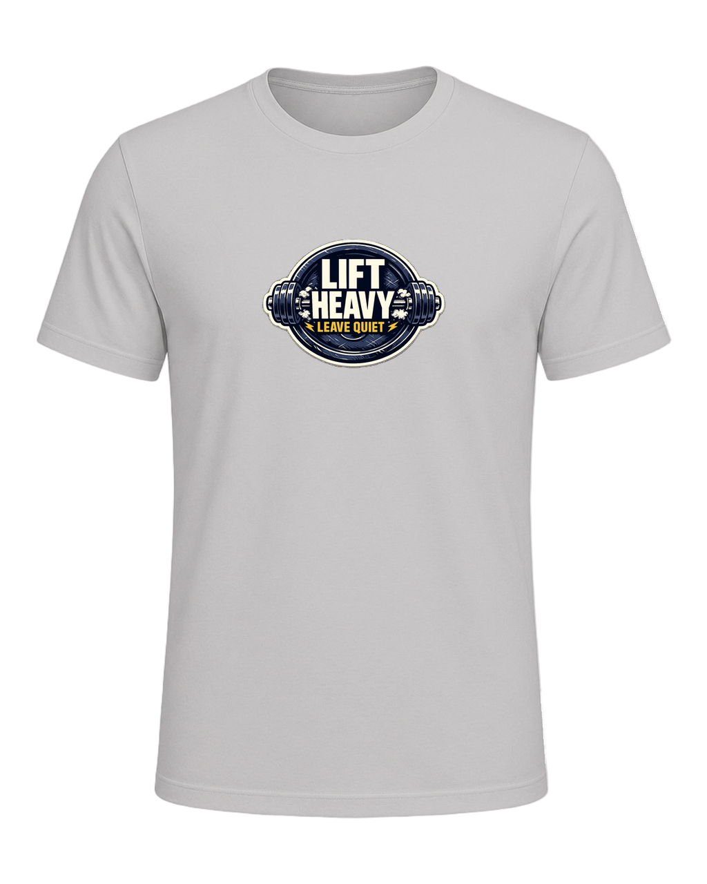 A clean barbell badge tee for lifters who train hard and keep the noise low. — Silver