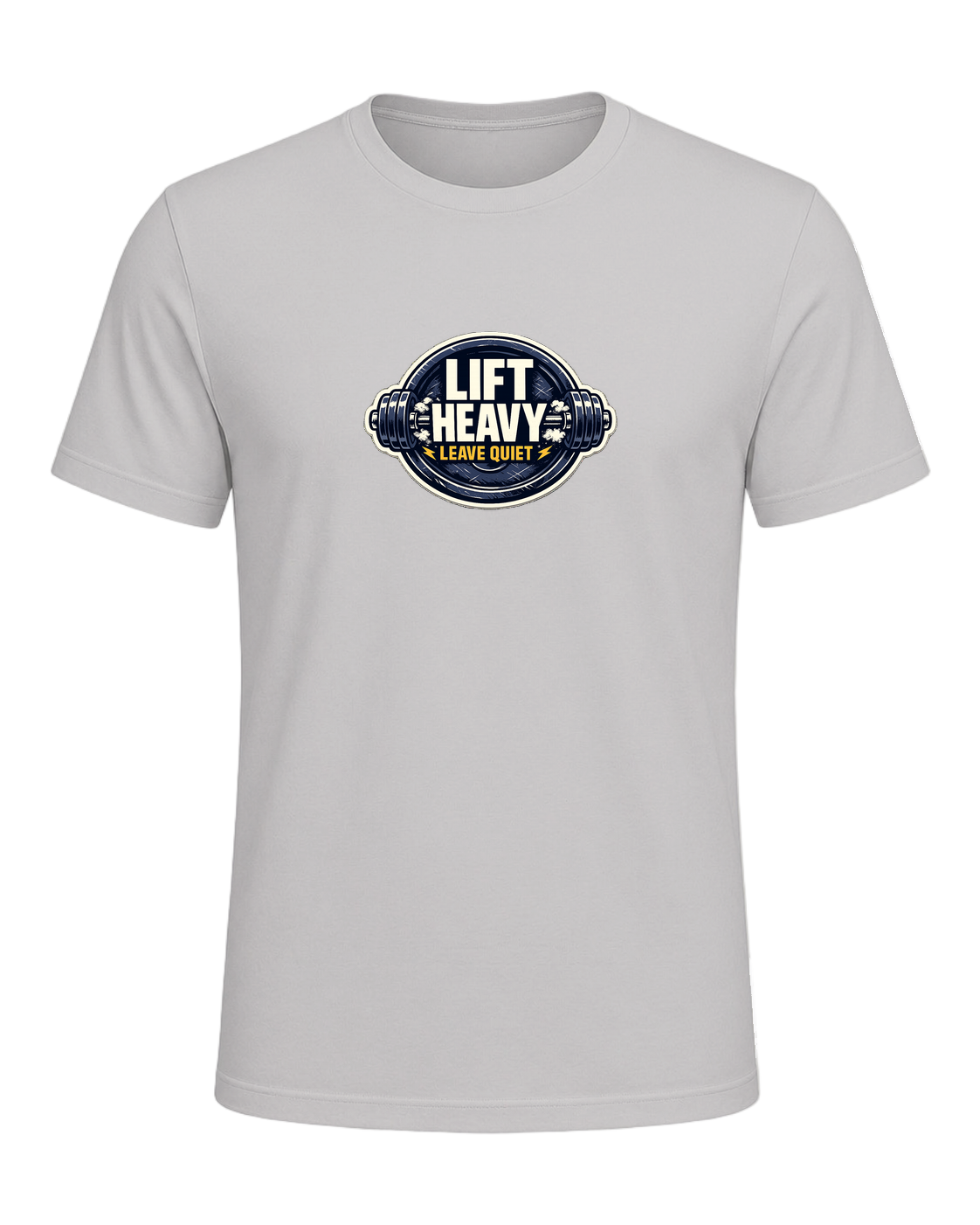 A clean barbell badge tee for lifters who train hard and keep the noise low. — Silver