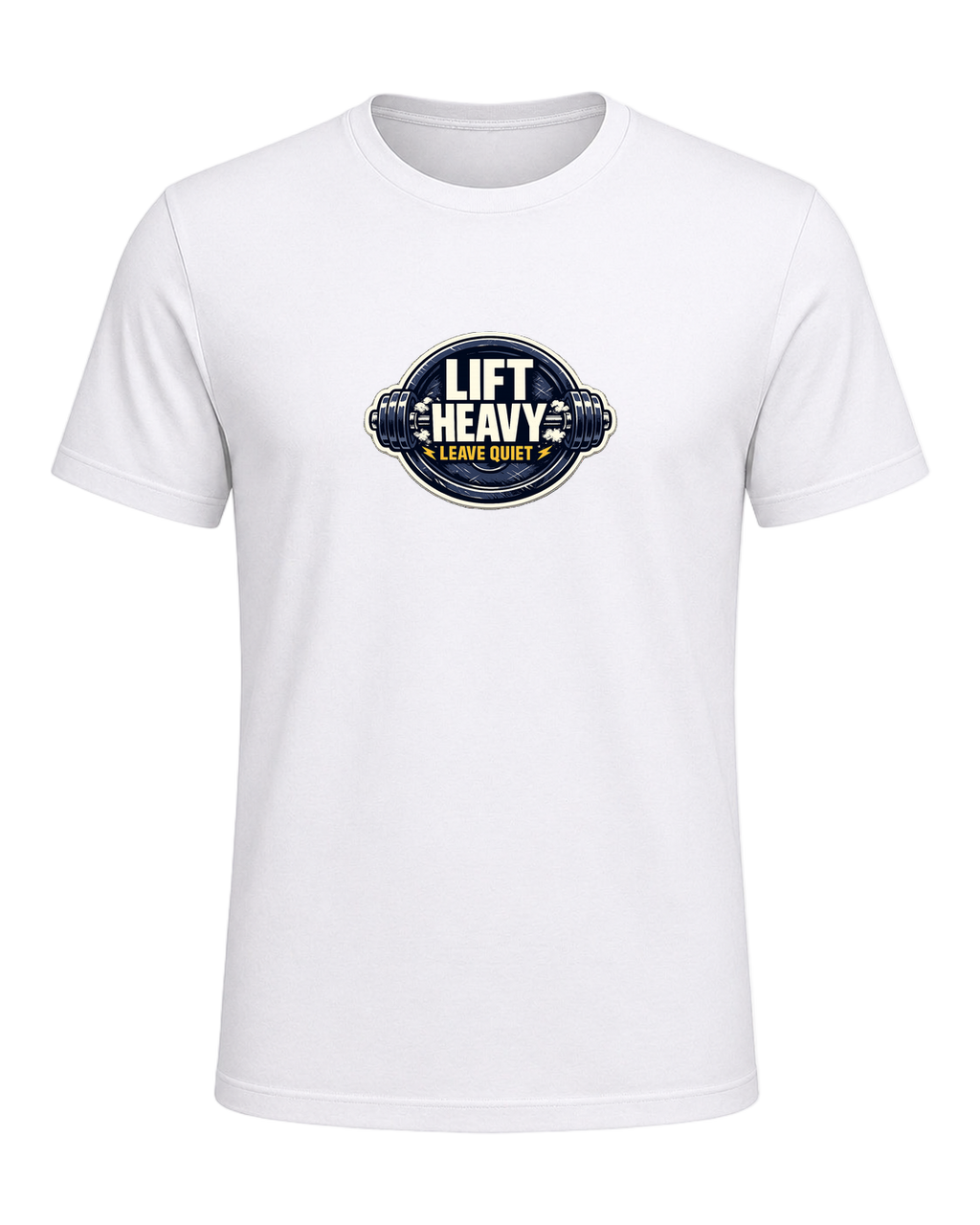 A clean barbell badge tee for lifters who train hard and keep the noise low. — White