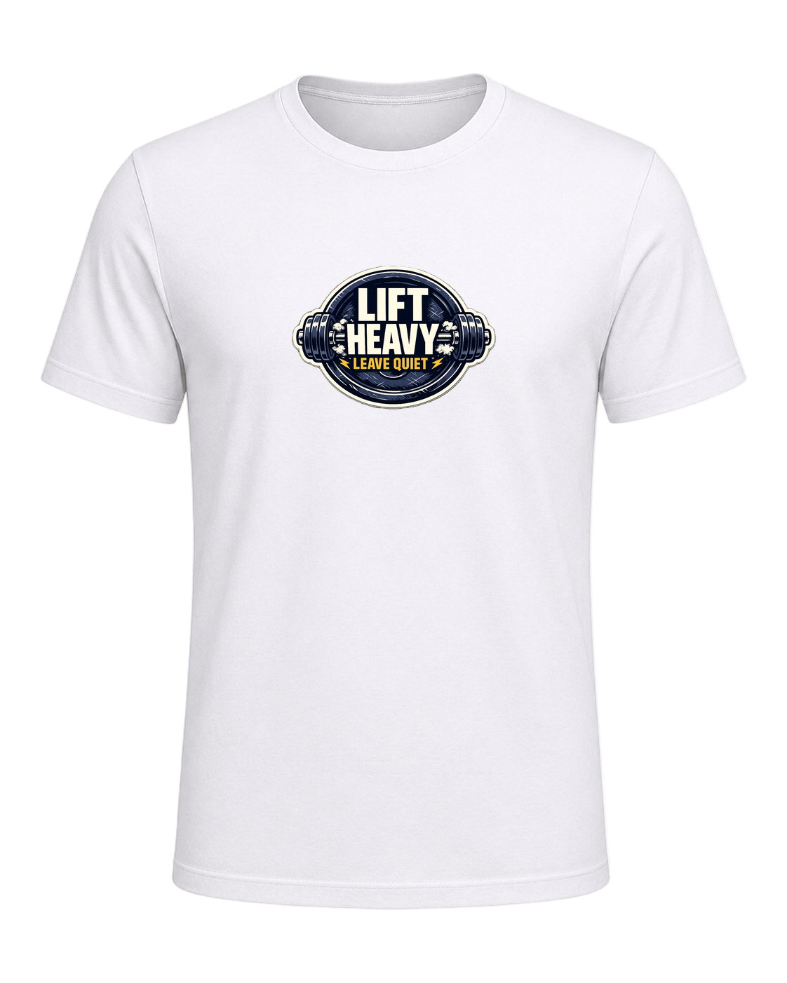A clean barbell badge tee for lifters who train hard and keep the noise low. — White