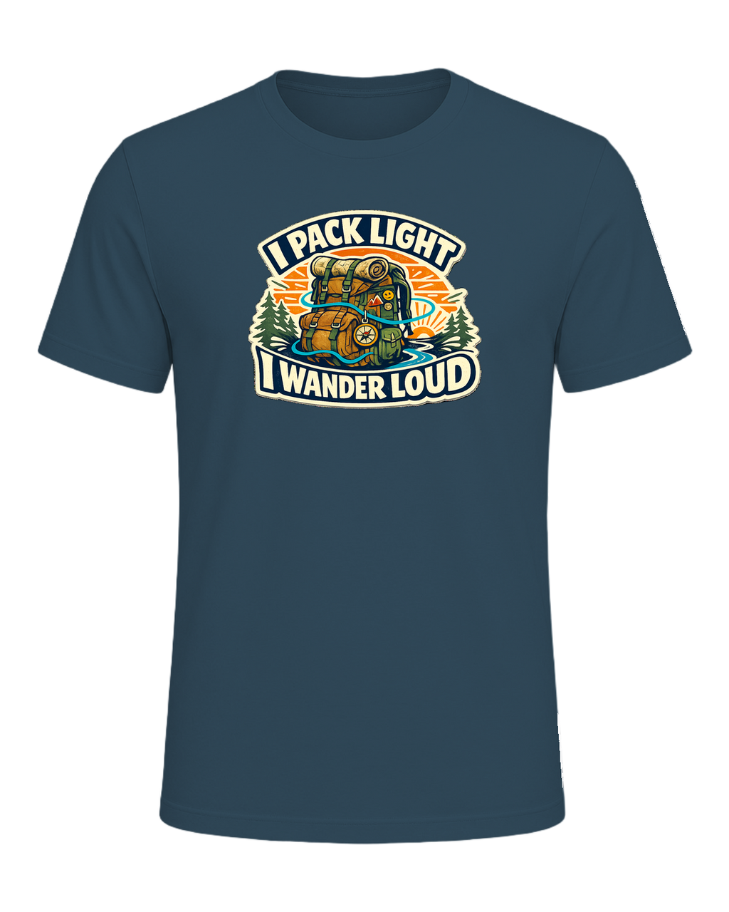 A bold travel wanderer tee for one-bag people who turn every trip into a story. — Deep Teal