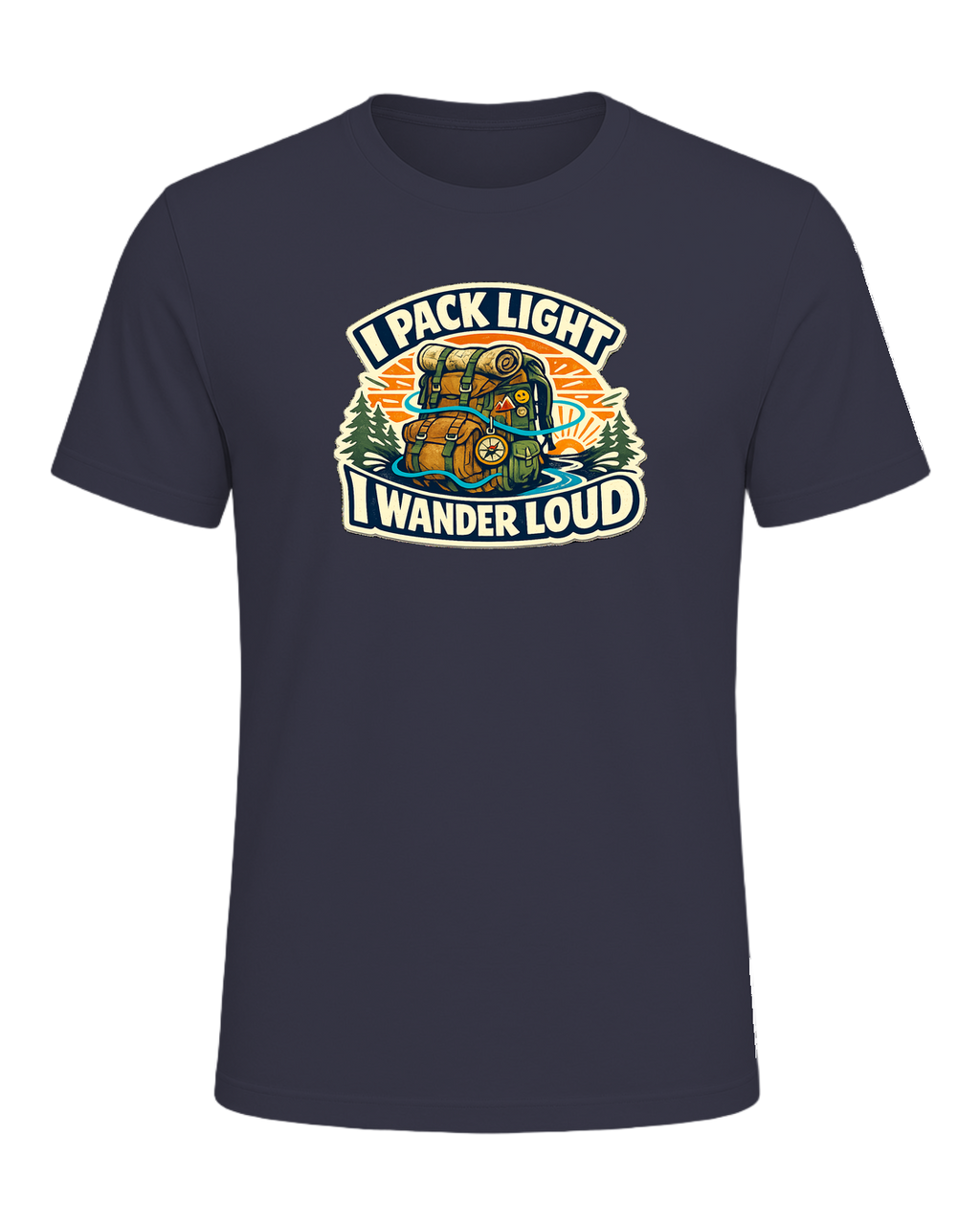 A bold travel wanderer tee for one-bag people who turn every trip into a story. — Heather Midnight Navy