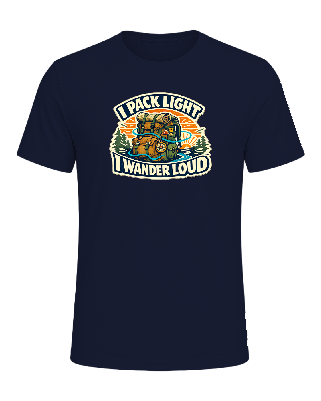 A bold travel wanderer tee for one-bag people who turn every trip into a story. — Navy