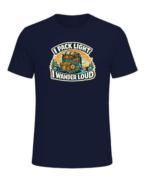 A bold travel wanderer tee for one-bag people who turn every trip into a story. — Navy
