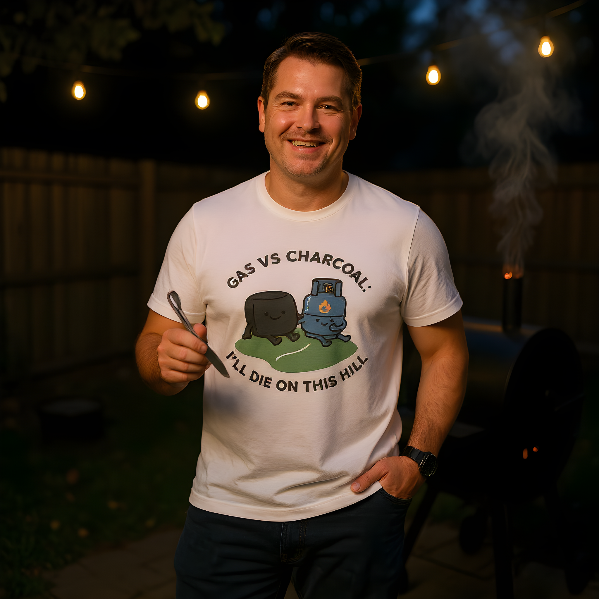 Funny BBQ T-Shirt — Gas vs Charcoal: I'll Die on This Hill — t-shirt design