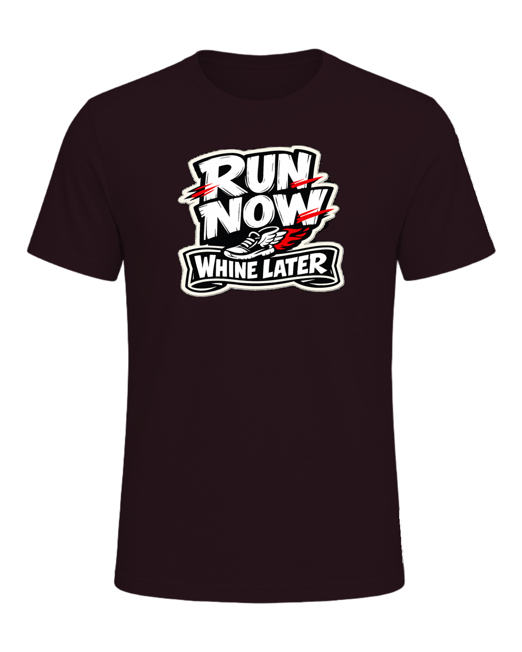 A loud runner tee for people who complain through the miles and still show up. — Oxblood Black