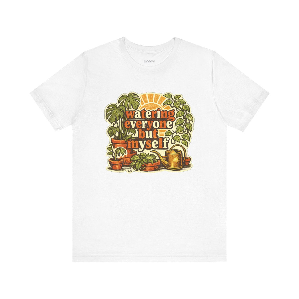 Caregiver Gift T-Shirt — Watering Everyone but Myself — plant mom t-shirt design by Margaux