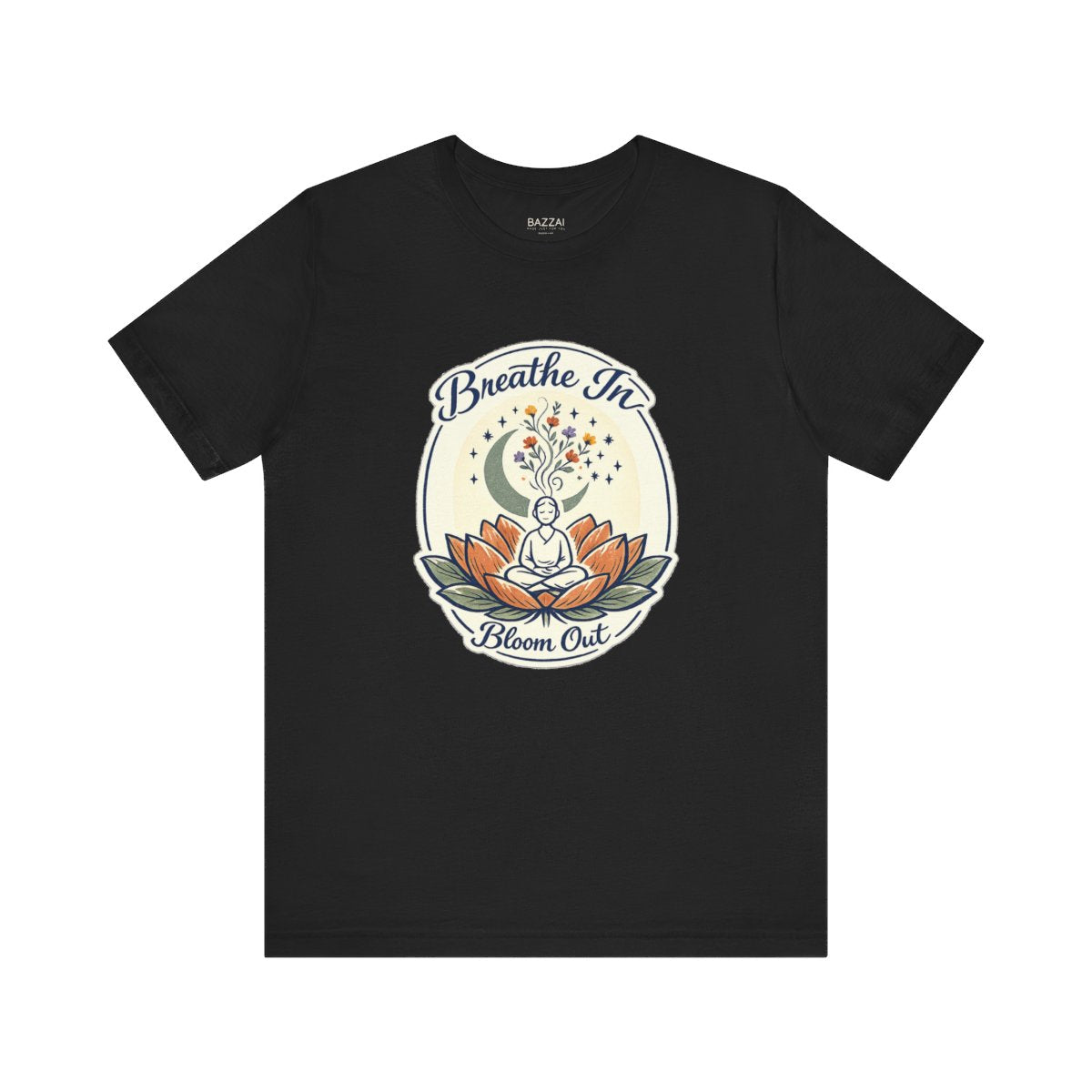 Yoga Lover T-Shirt — Breathe in, Bloom Out — meditation mindful t-shirt design by Margaux