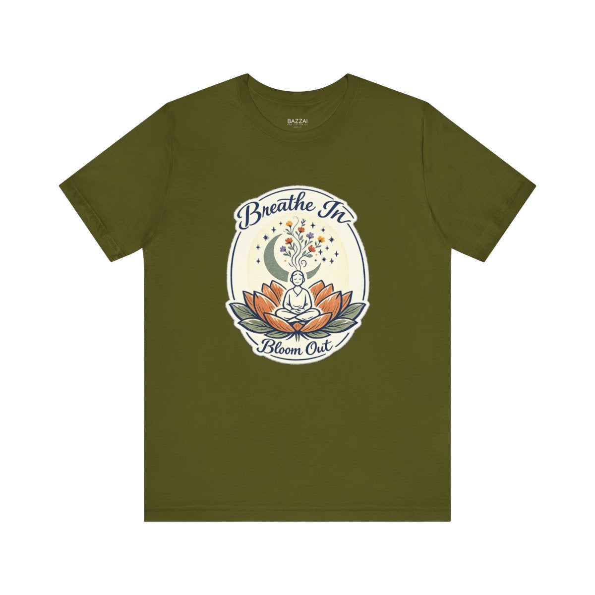 Yoga Lover T-Shirt — Breathe in, Bloom Out — meditation mindful t-shirt design by Margaux