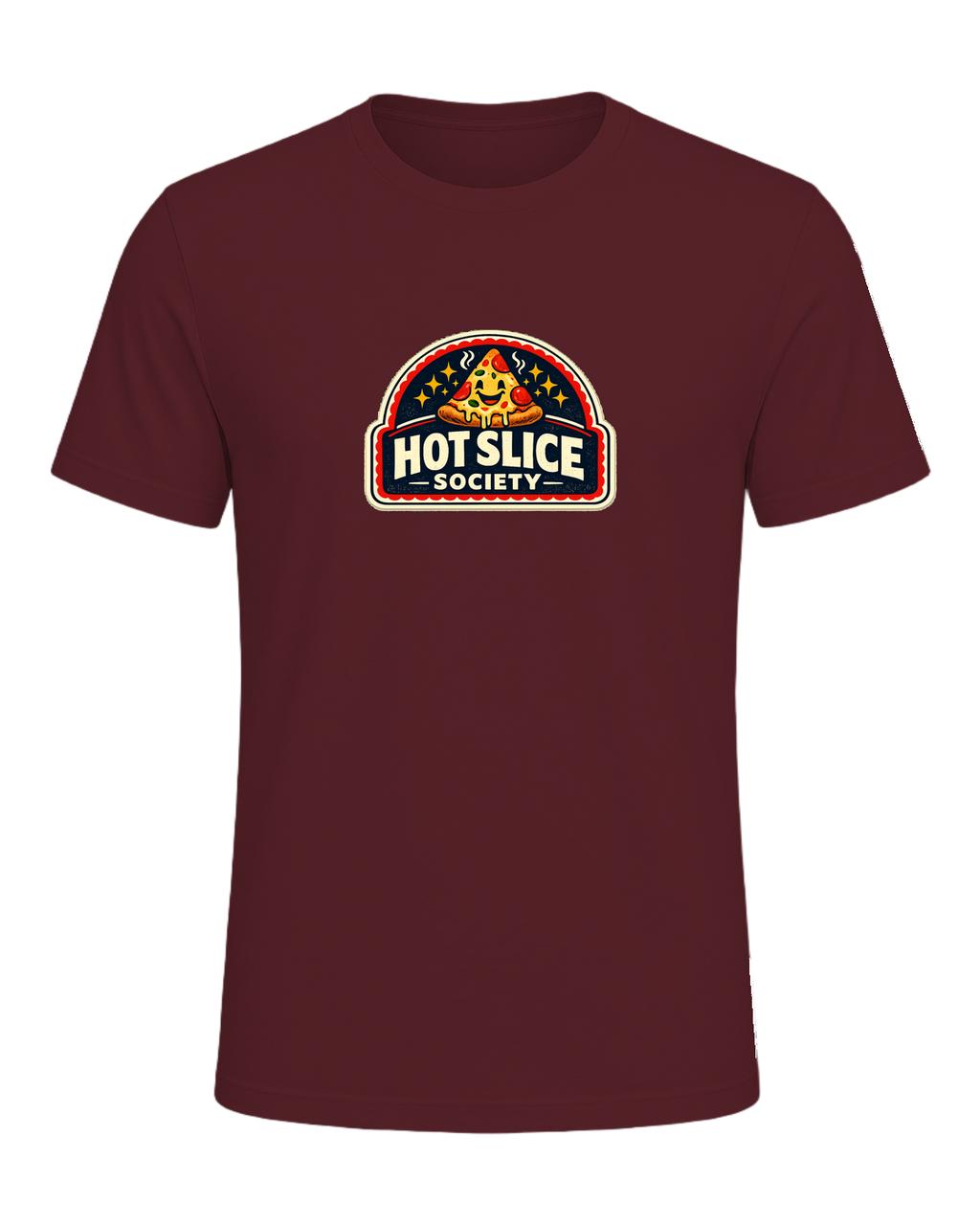 A bold retro pizza-club tee for anyone proudly living the hot slice lifestyle. — Maroon