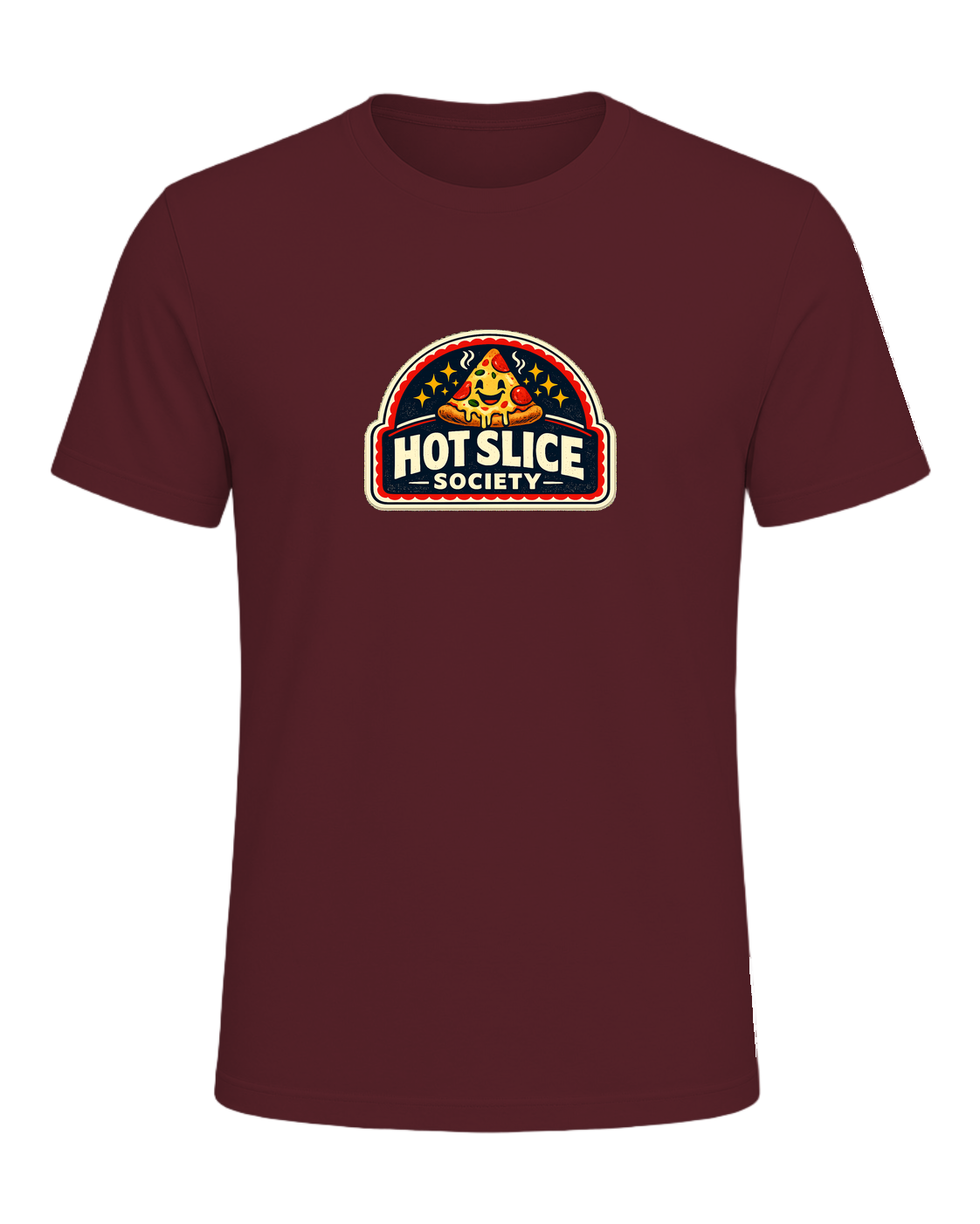A bold retro pizza-club tee for anyone proudly living the hot slice lifestyle. — Maroon