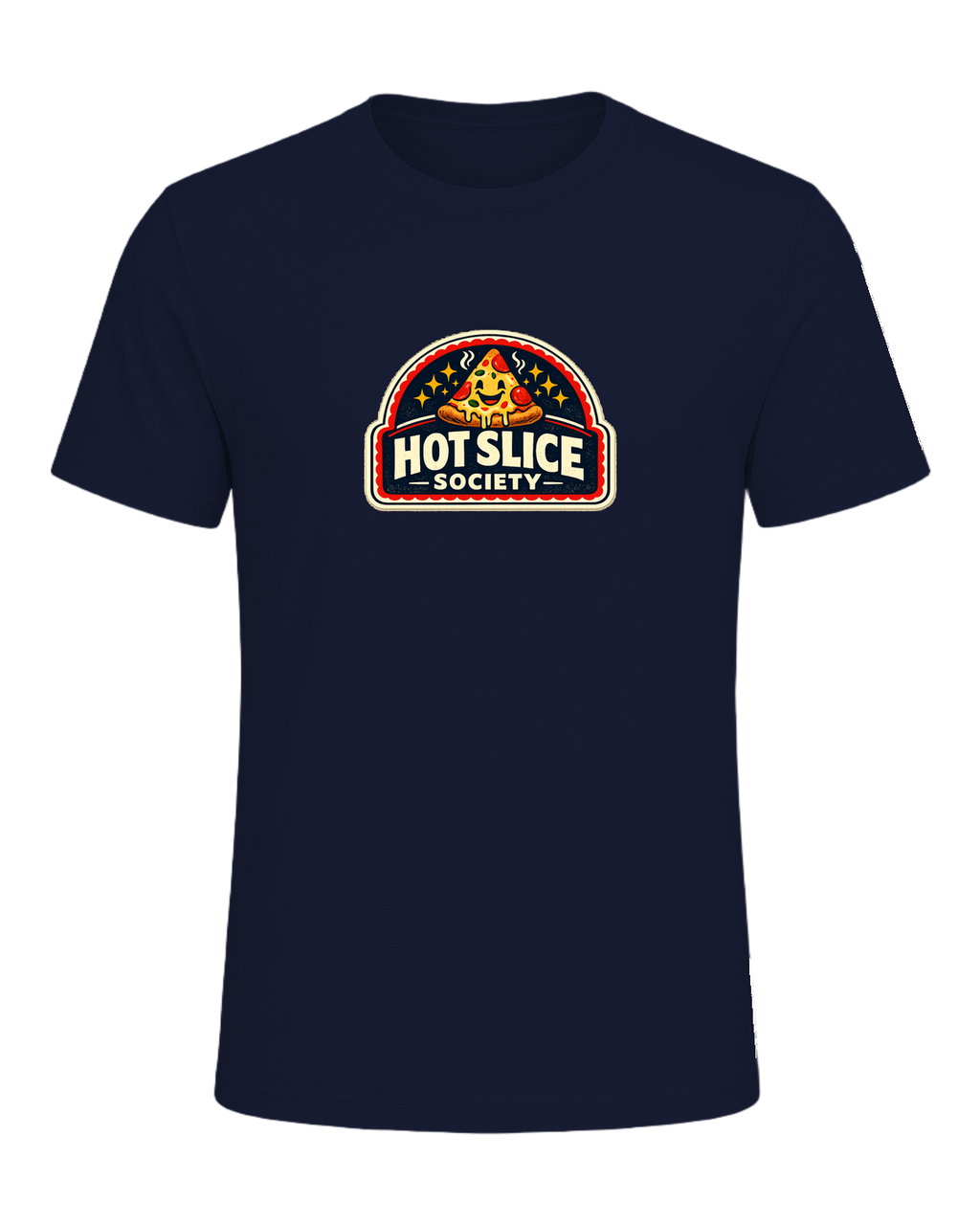 A bold retro pizza-club tee for anyone proudly living the hot slice lifestyle. — Navy