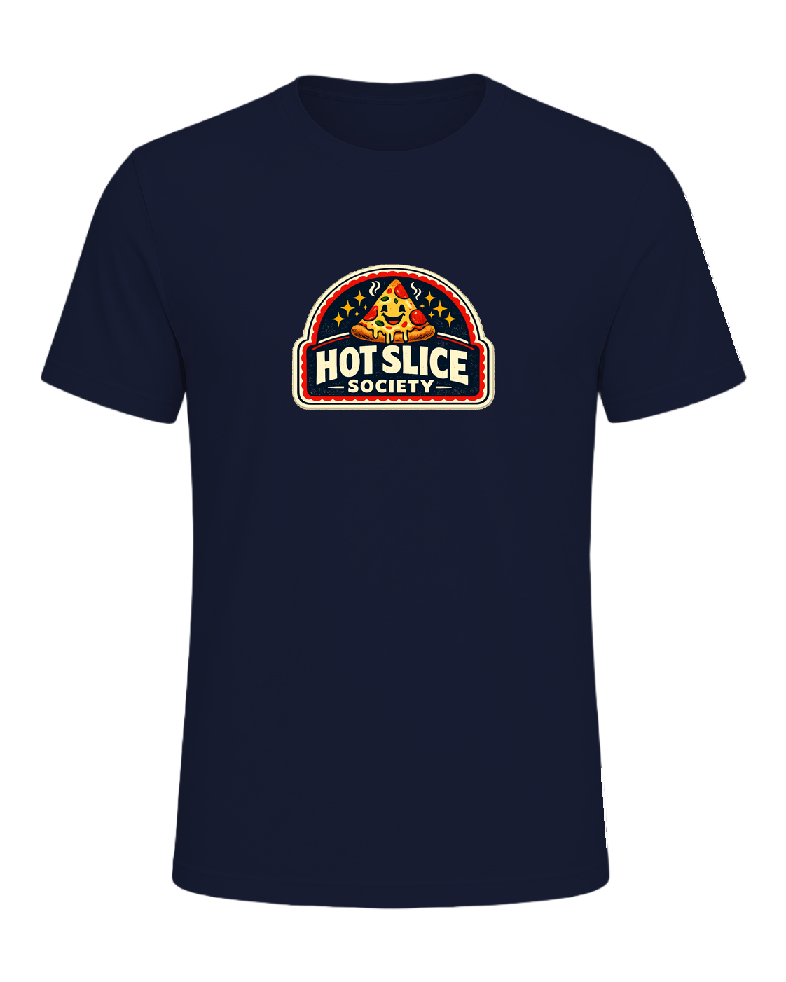 A bold retro pizza-club tee for anyone proudly living the hot slice lifestyle. — Navy