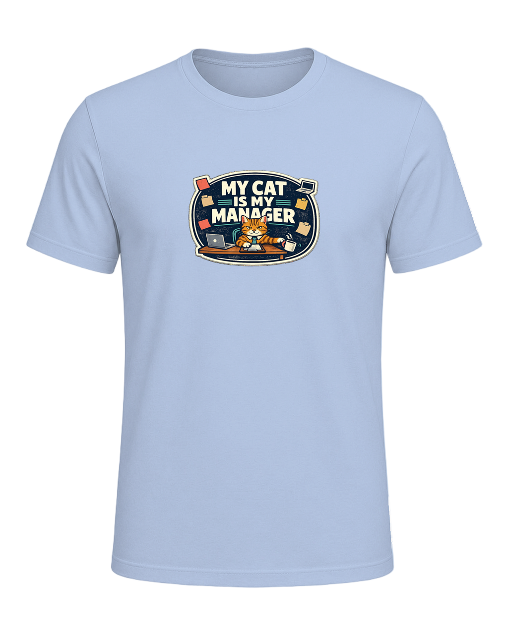 A funny cat-parent tee for people whose cat clearly runs the household. — Baby Blue