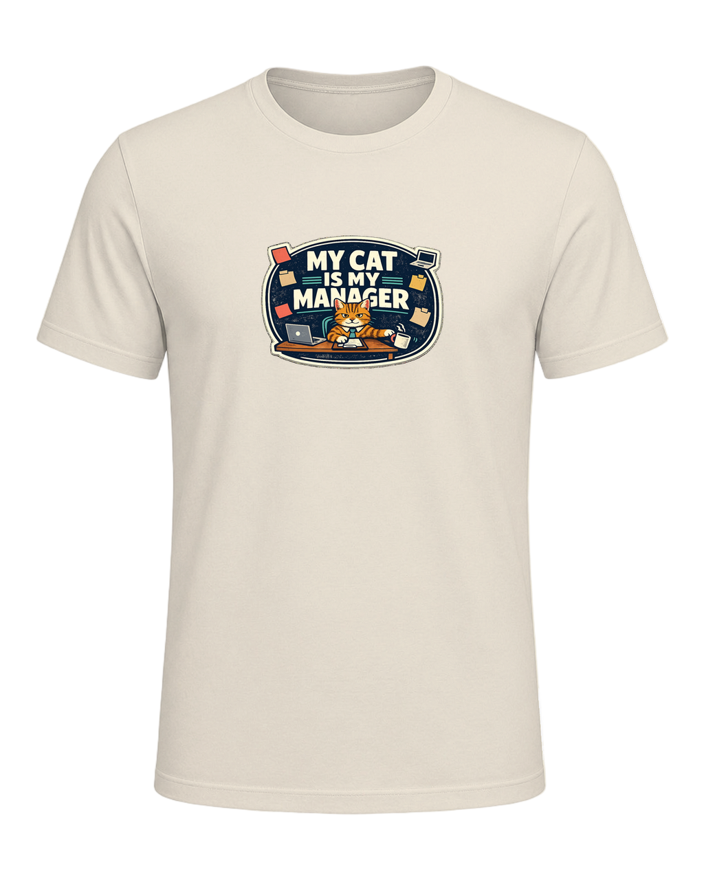 A funny cat-parent tee for people whose cat clearly runs the household. — Heather Prism Natural
