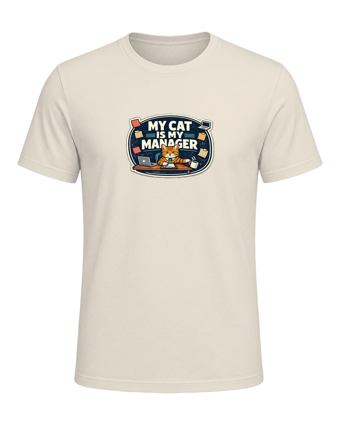 A funny cat-parent tee for people whose cat clearly runs the household. — Heather Prism Natural