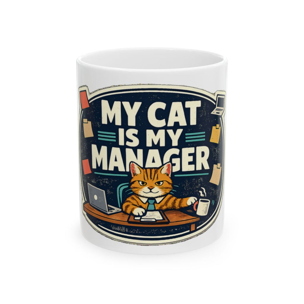 A funny cat-parent tee for people whose cat clearly runs the household. Mug