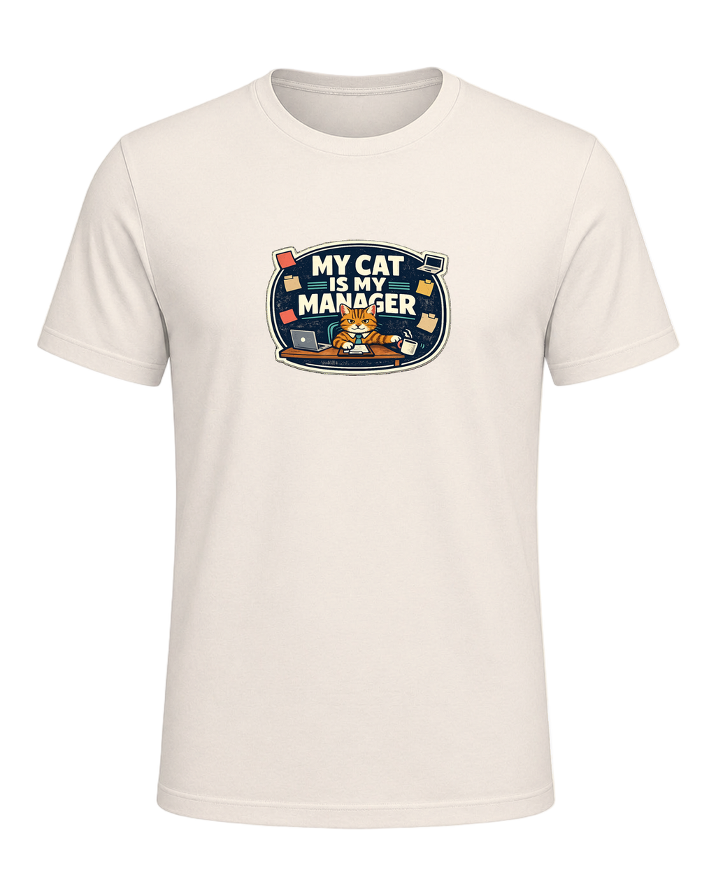 A funny cat-parent tee for people whose cat clearly runs the household. — Natural