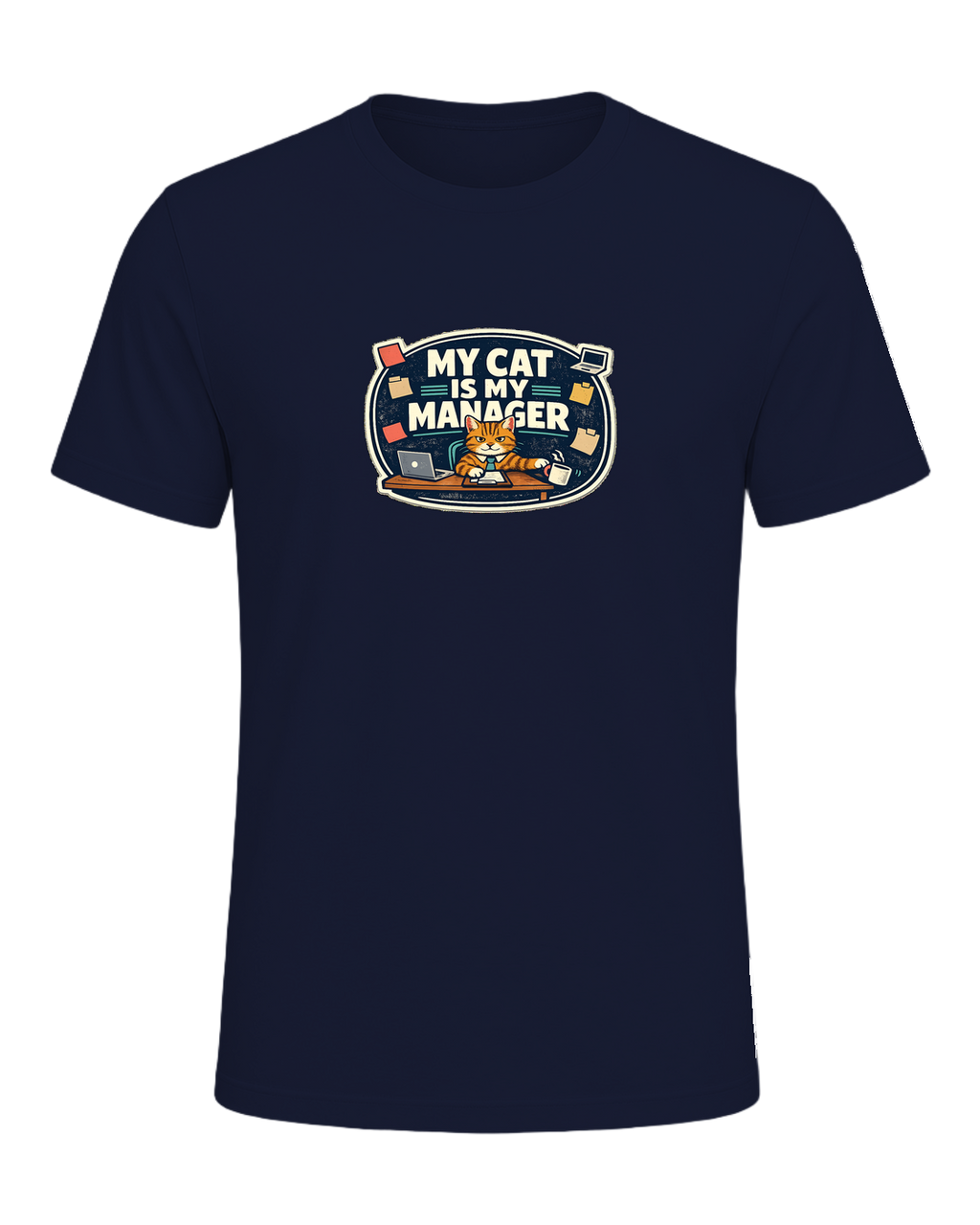 A funny cat-parent tee for people whose cat clearly runs the household. — Navy