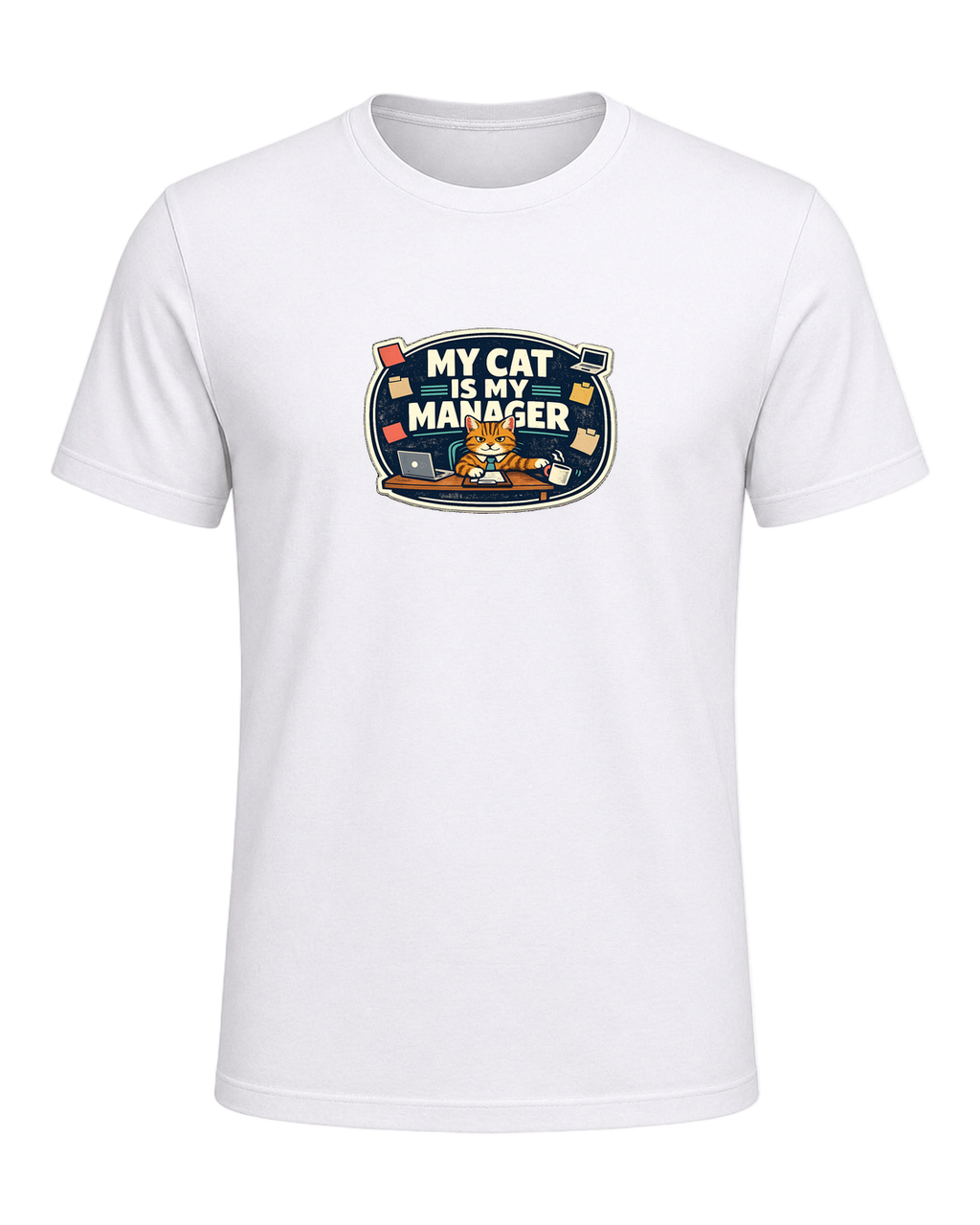 A funny cat-parent tee for people whose cat clearly runs the household. — White