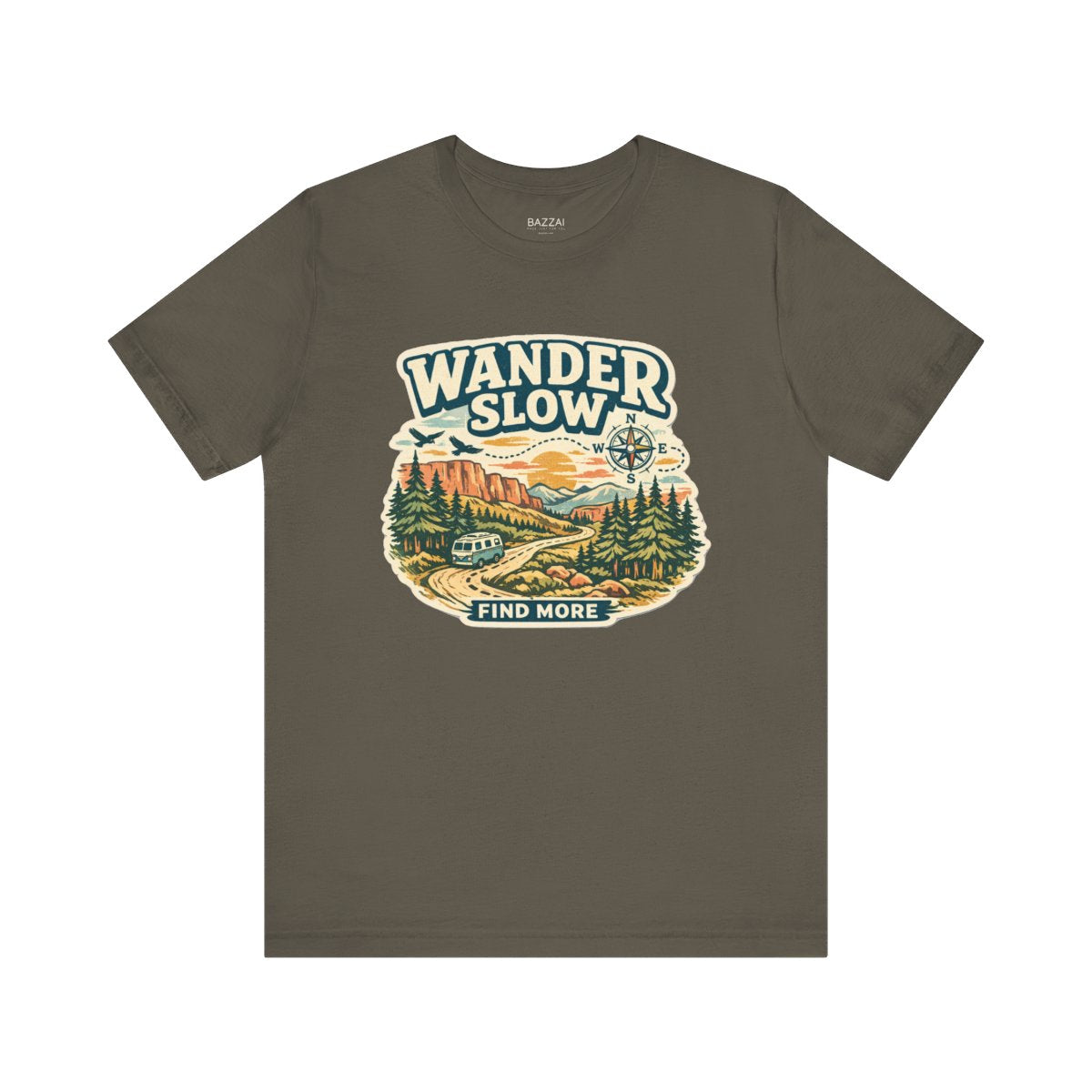 Slow Travel T-Shirt — Wander Slow, Find More — travel wanderer t-shirt design by Reggie