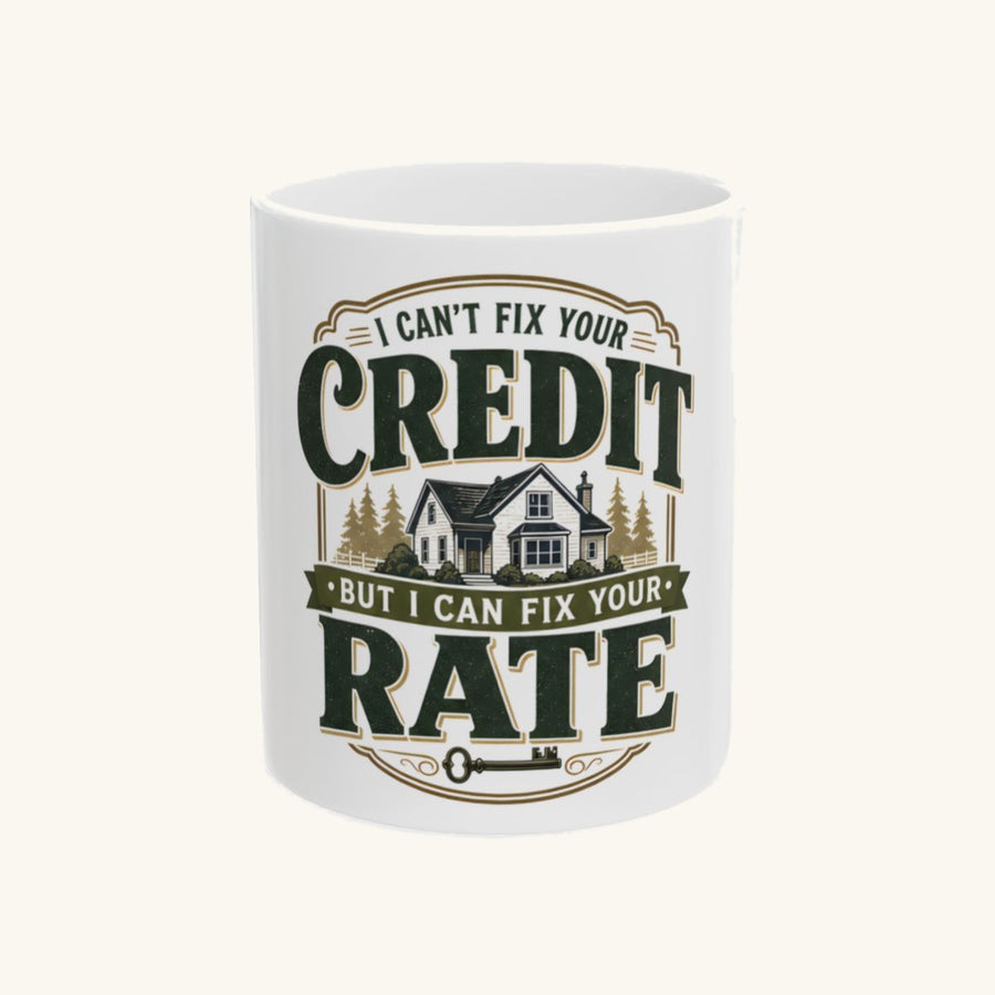 I CAN'T FIX YOUR CREDIT BUT I CAN FIX YOUR RATE - Badge Mug