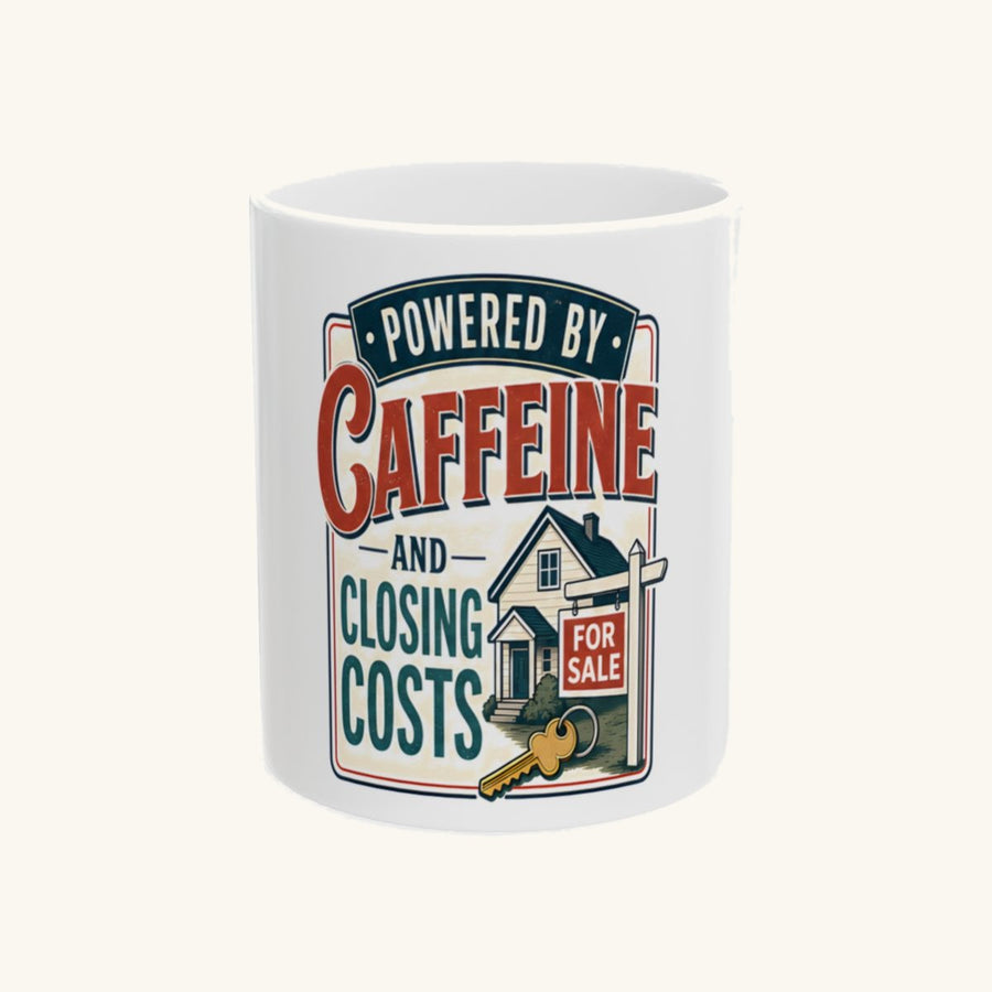 POWERED BY CAFFEINE AND CLOSING COSTS - Retro Badge Mug