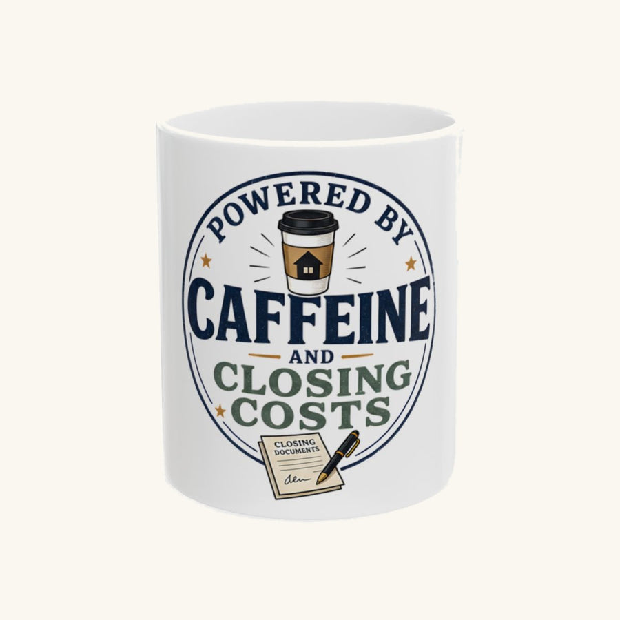 POWERED BY CAFFEINE AND CLOSING COSTS - Vintage Crest Mug