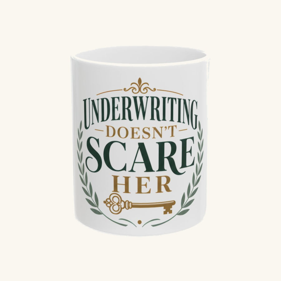 UNDERWRITING DOESN'T SCARE HER - Retro Badge Mug